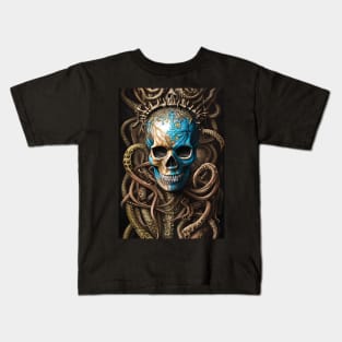 Blue and Gold Skull | Skull and Tentacles Artwork | Armored Skull | Dystopian Skull | Warrior Skull Kids T-Shirt